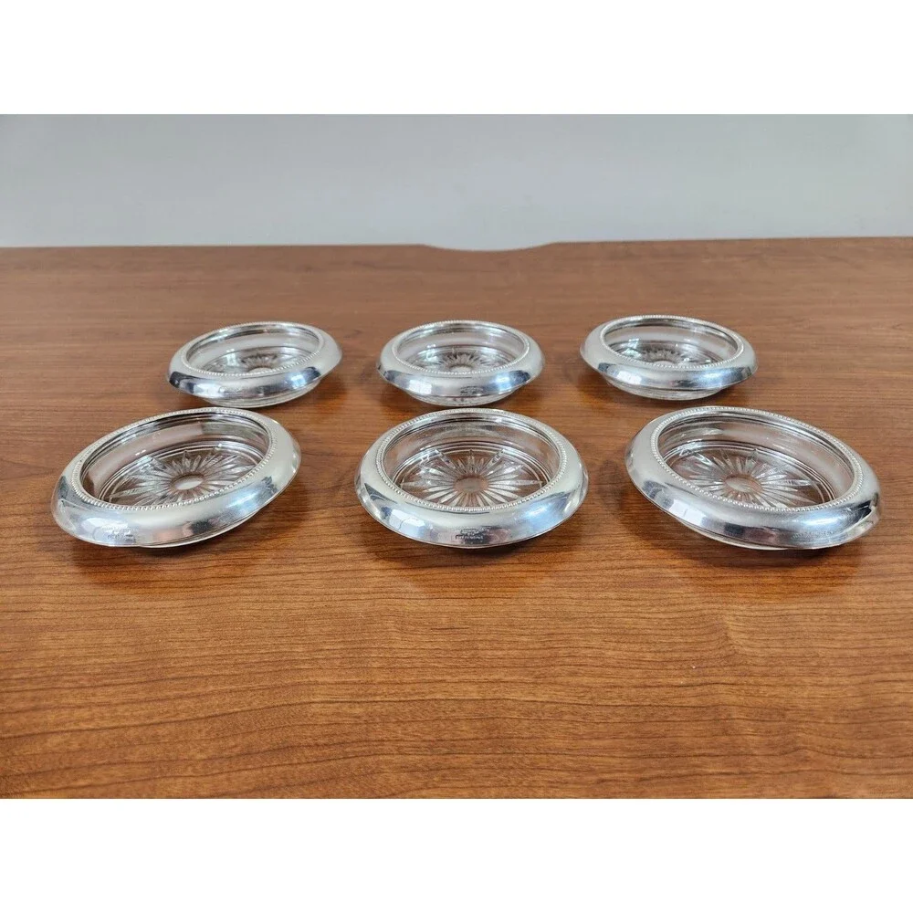 Vintage Set 6 Frank M. Whiting & Co Sterling Silver Glass Coasters #05 Starburst